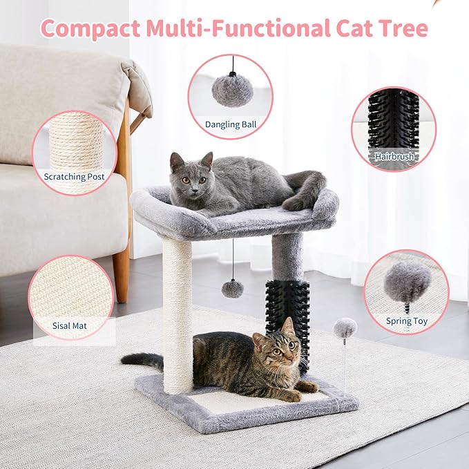 Made4Pets Small Cat Tree Tower, Cat Scratching Post 4-in-1 with Self Groomer Brush, 20" Tall Natural Sisal Cat Scratcher, Plush Perch Bed with Dangling Ball for Indoor Kittens, Grey
