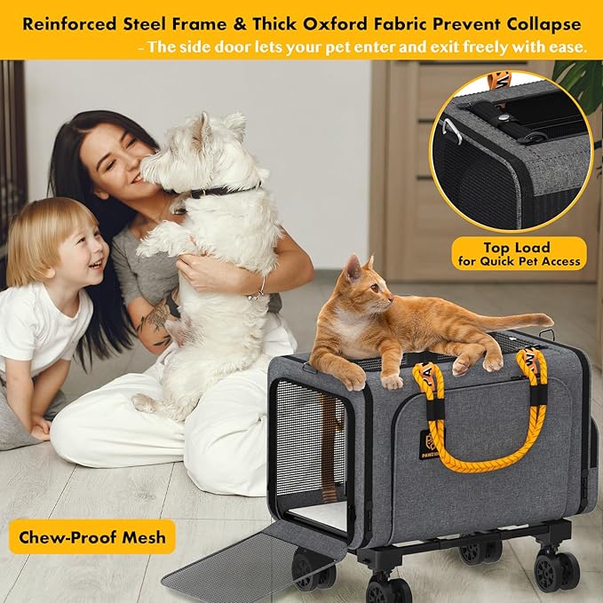 PAWZIDEA Expandable Pet Carrier with Wheels, 18"X11"X11" TSA-Approved Cat Carrier for 2 Cats Under Seat, Soft-Sided Top Load Dog Carrier for Small Dogs Rolling Travel Bag w/Telescopic Handle, ID Card