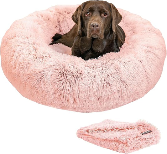 Best Friends by Sheri Bundle Set The Original Calming Shag Donut Cuddler Cat and Dog Bed + Pet Throw Blanket, Cotton Candy Pink, Large, 36x36