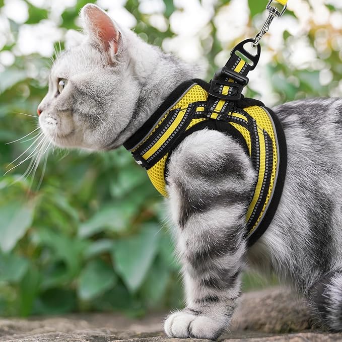 rabbitgoo Cat Harness and Leash Set for Walking Escape Proof, Adjustable Soft Kittens Vest with Reflective Strip for Cats, Comfortable Outdoor Vest, Bright Yellow, L