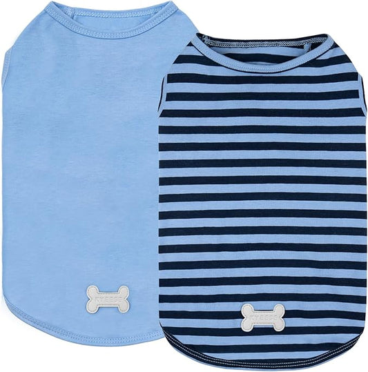 KYEESE 2Pack Dog Shirts Striped T Shirt Soft Tee for Small Dogs Cotton Tank Top Lightweight Sleeveless Vest Dog Clothes, Small,Dark Blue+Striped