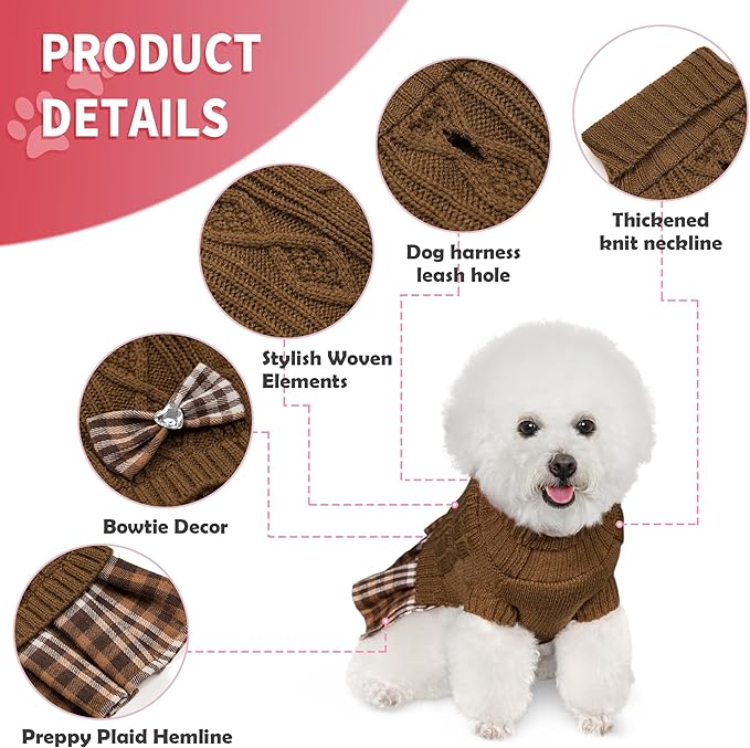 WOYYHO Girl Dog Sweater Dress with Bowtie Turtleneck Small Dogs Sweater with Leash Hole, Knitted Small Dog Sweaters Dress Puppy Winter Clothes for Yorkies Chihuahua (S, Brown)