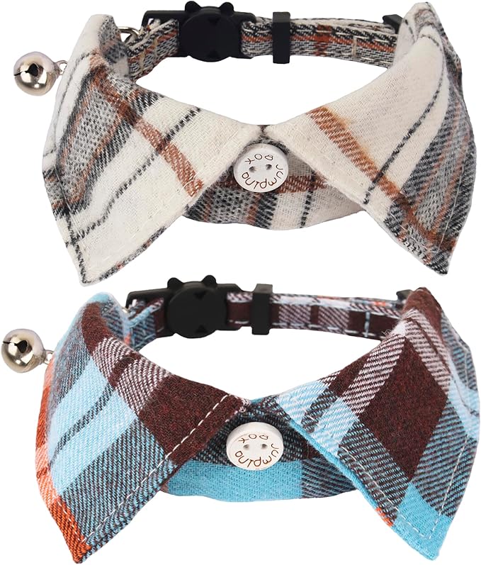 ADOGGYGO Cat Collar Breakaway with Bowtie Bell, Removable Shirt Collar, 2 Pack Beige Blue Plaid Collars for Cat Kitten