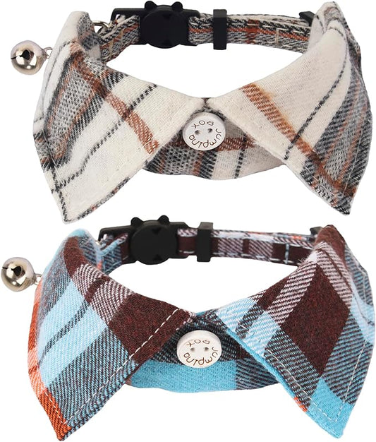 ADOGGYGO Cat Collar Breakaway with Bowtie Bell, Removable Shirt Collar, 2 Pack Beige Blue Plaid Collars for Cat Kitten
