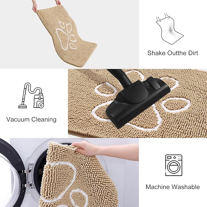 Smiry Dog Door Mat for Muddy Paws, Absorbent Dirt Trapper Non Slip Quick Dry Washable Chenille Mat for Mud Dogs, Entry Rug for Indoor and Outdoor (47x24 Inches, Beige)