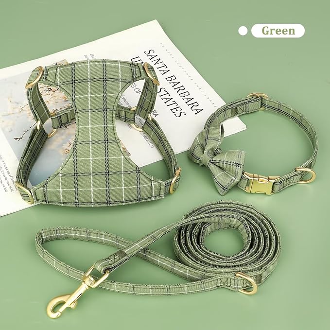Beirui Cute Small Dog Harness Collar and Leash Set with Bowtie, Soft Adjustable Plaid Puppy Harness for Small Sized Dogs Cats Walks Parties and Photoshoots(Green,S:Chest 17-23")