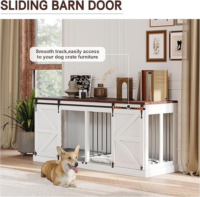 Dog Crate Furniture - Indoor Wooden Dog Kennel with Room Divider and Double Sliding Barn Doors - 71”x23.6”x31.5”H, White
