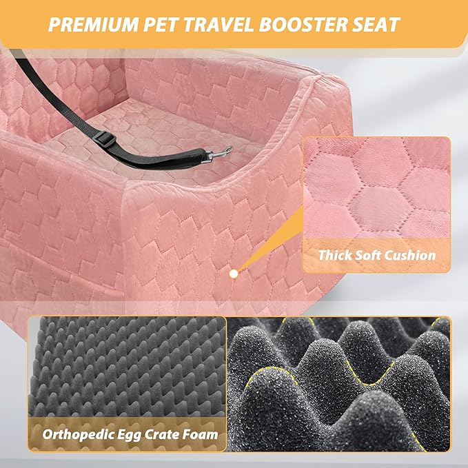 Dog Car Seat for Small/Medium Dogs, Memory Foam Dog Booster Seat, Travel Safety Per Car Seat with Washable Removable Cover, Storage Pockets for Dogs up to 35 lbs (Pink, Small)
