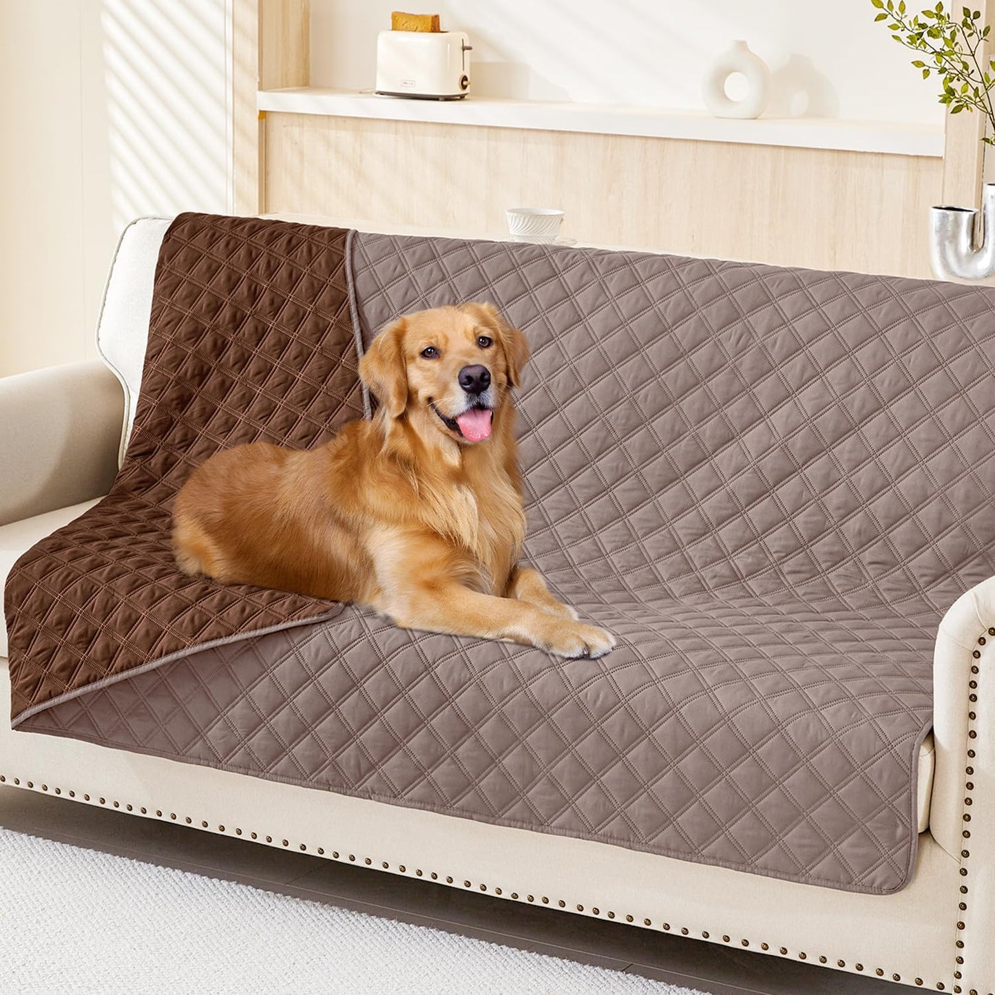 Smiry Waterproof Dog Bed Cover Pet Blanket, Soft Washable Dog Blanket for Furniture Bed Couch Sofa Reversible, Checkered (52"x82", Greyish Brown/Brown)