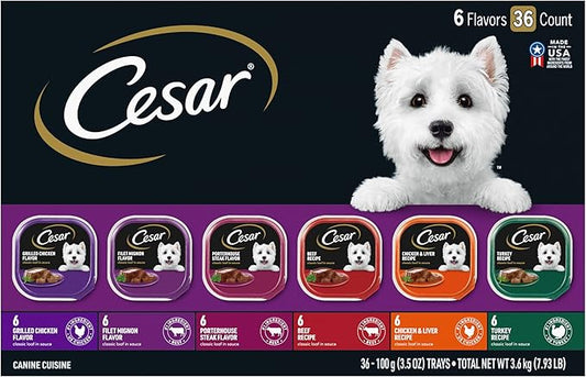 Cesar Wet Dog Food Classic Loaf in Sauce Grilled Chicken, Filet Mignon, Porterhouse Steak, Beef, Chicken & Liver and Turkey Variety Pack 3.5 oz. Easy Peel Trays (36 Count, Pack of 1)