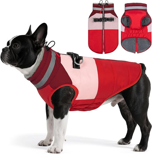Dog Coat, Waterproof Dog Winter Jacket with Harness Built in, Turtleneck Warm Doggie Cold Weather Coats, Reflective Pet Vest for Indoor & Outdoor, Windproof Dogs Snowsuit, Red Large