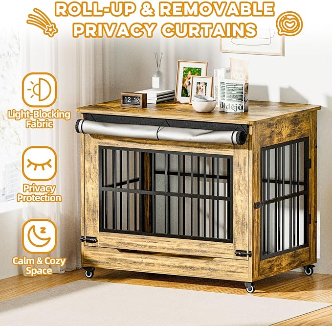 42" Large Dog Crate Furniture, Double Door Wooden Indoor Dog Kennel Furniture, Decorative Pet Cage End Table with Wheels for Large Breed Dogs, Size XL, Rustic Brown