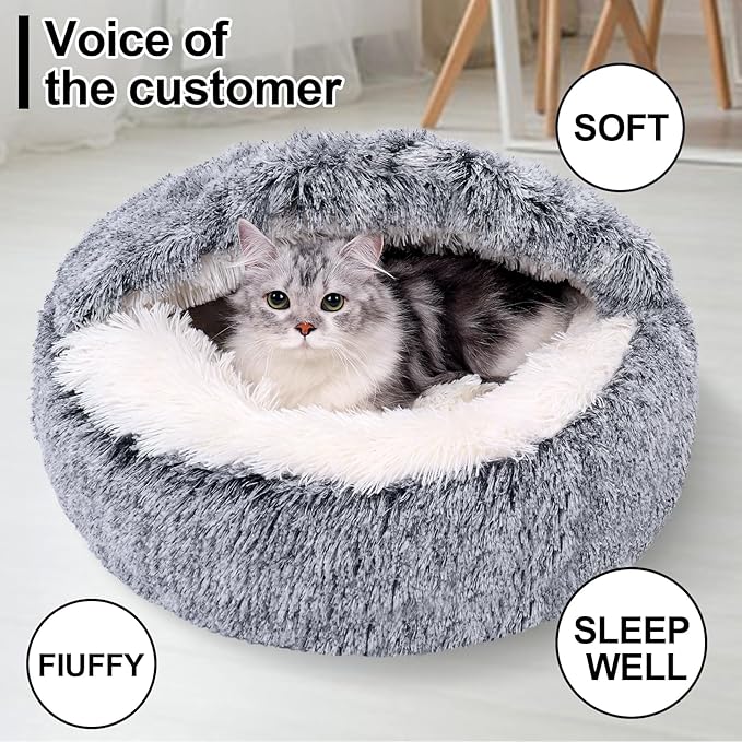 Calming Dog Beds & Cat Cave Bed with Hooded Cover,Removable Washable Round Beds for Small Medium Pets,Anti-Slip Faux Fur Fluffy Coved Bed for Improved Sleep,Fits up to 15/25 lbs(Grey,M)