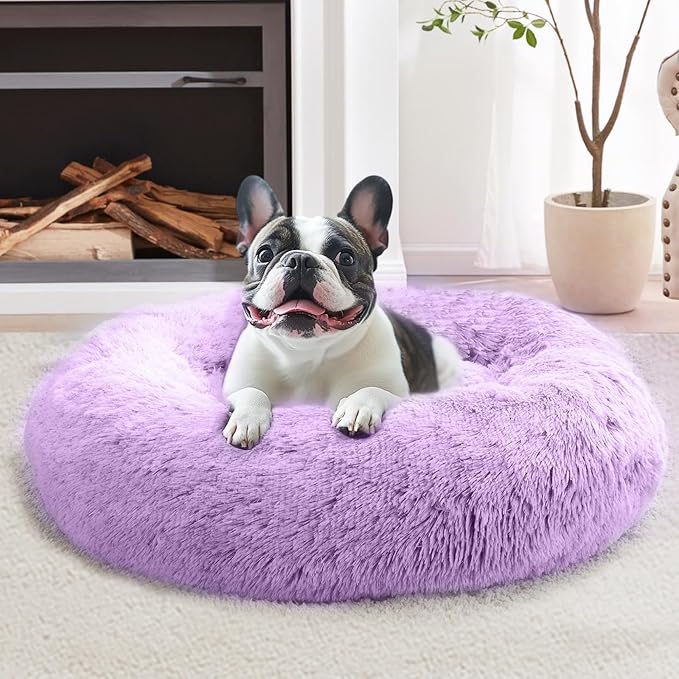 JOLLYVOGUE Calming Dog & Cat Bed for Small Dogs, Anti-Anxiety Donut Cuddler Cozy Soft Round Bed with Anti-Slip Bottom, Fluffy Faux Fur Plush Cushion Beds for Small Medium Pets (23")