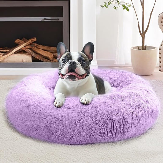 JOLLYVOGUE Calming Dog & Cat Bed for Small Dogs, Anti-Anxiety Donut Cuddler Cozy Soft Round Bed with Anti-Slip Bottom, Fluffy Faux Fur Plush Cushion Beds for Small Medium Pets (23")