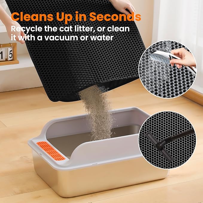 Extra Large Cat Litter Mat, 30x22 Inches Honeycomb Double Layer Cat Litter Trapping Mat, Non Slip Waterproof Urine Proof Large Kitty Litter Box Mat for Floor, Kitten Supplies, XL, Black