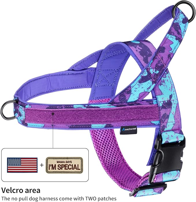 Annchwool No Pull Dog Harness with Padded Handle+5 Ft Leash,Escape Proof and Quick Fit to Adjust Dog Harness,Easy for Training Walking for Small & Medium and Large Dogs(Camo Purple Set,XL)