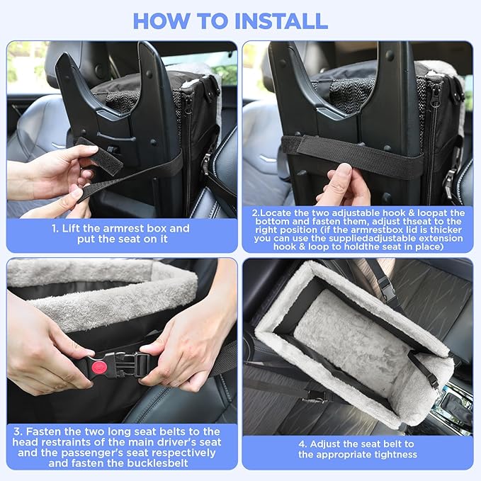 Center Console Dog Car Seat for Small Dogs,Washable Foldable Console Booster Seat for Puppy Car Seat with Safe Protection Hooks Adjustable Straps and Storage Pocket Pet Up to15lbs