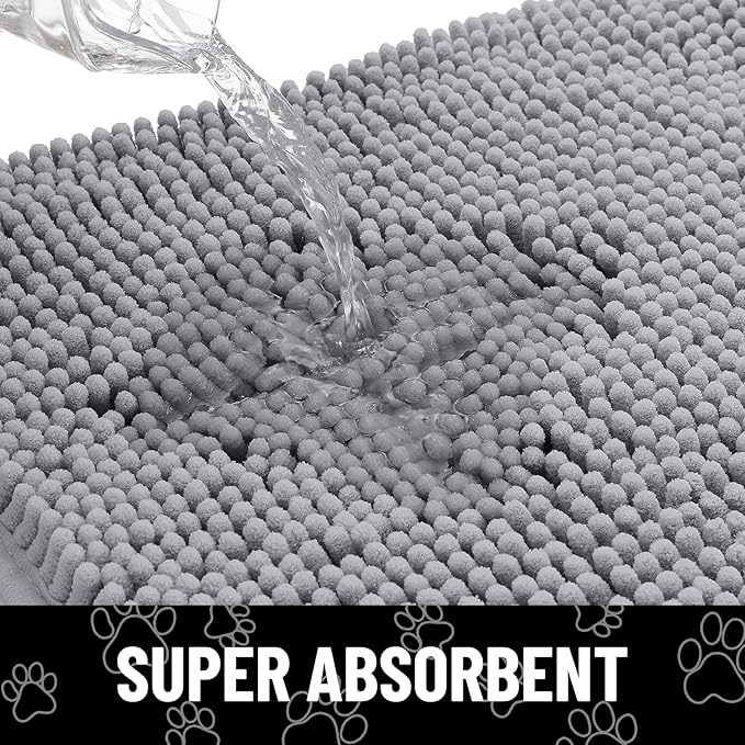 Smiry Dog Door Mat for Muddy Paws, Absorbent Dirt Trapper Non Slip Quick Dry Washable Chenille Mat for Mud Dogs, Entry Rug for Indoor and Outdoor (30x20 Inches, Grey and White)