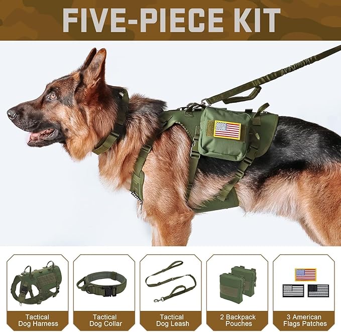 Forestpaw Tactical Dog Harness for Large Dogs,Tactical Dog Collar with Bungee Leash Set,No Pull Military Dog Harness for Walking Training,Adjustable for Medium Large Dogs,Green,Chest 19.5-41.5"