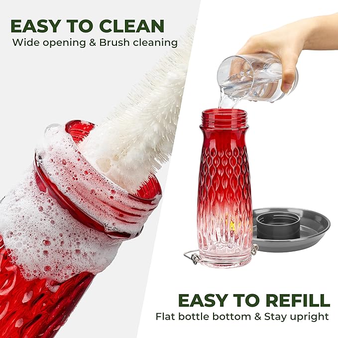 Kingsyard Bird Water Feeder for Outside, 24 Ounce, Glass Bird Water Dispenser with Metal Hanging for Garden Yard Outside Decoration, Red Gradient