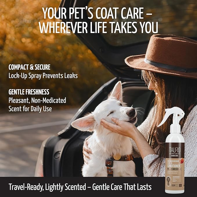 Tauro Pro Line Dog Leave in Conditioner Spray - Supports Pet Coat Regrowth - Cat & Dog Detangler Spray for Shedding, Matted Hair or Post-Surgery Care, Ideal for Doodle, Poodle (Derma Care 8.5 Fl Oz)