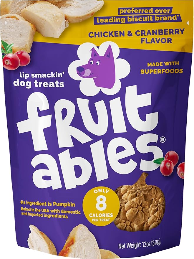 Fruitables Baked Dog Treats, Healthy Pumpkin Treat for Dogs, Low Calorie & Delicious, Free of Wheat, Corn and Soy, Made in The USA, Chicken and Cranberry Flavor, 12 oz