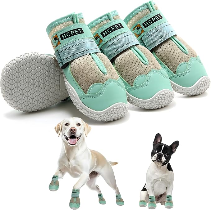 Hcpet Dog Shoes for Large Dogs, Breathable Dog Booties for Small Medium Dogs, Anti-Slip Dog Boots & Paw Protectors for Hot Pavement Winter Snow Hiking with Reflective Straps Green Size 7