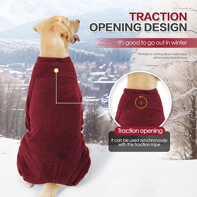 Dog Winter Coat: Warm Fleece Pullover Jumpsuit, Windproof, Full Body Pajamas Onesie - Medium/Large (Red)