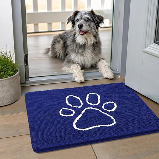 Smiry Dog Door Mat for Muddy Paws, Absorbent Dirt Trapper Non Slip Quick Dry Washable Chenille Mat for Mud Dogs, Entry Rug for Indoor and Outdoor (24x16 Inches, Navy Blue)