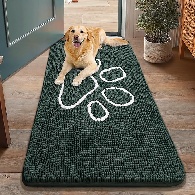 Smiry Dog Door Mat for Muddy Paws, Absorbent Dirt Trapper Non Slip Quick Dry Washable Chenille Mat for Mud Dogs, Entry Rug for Indoor and Outdoor (48x30 Inches, Green)