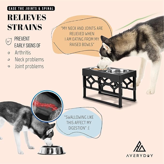 AVERYDAY Large Dog Bowls Elevated, 4 Height Adjustable Raised Dog Bowl Stand with 2 Stainless Steel Food and Water Bowls Set, Tall Dogs Feeding Station with Anti-Slip Base for Medium Large Breeds Dogs