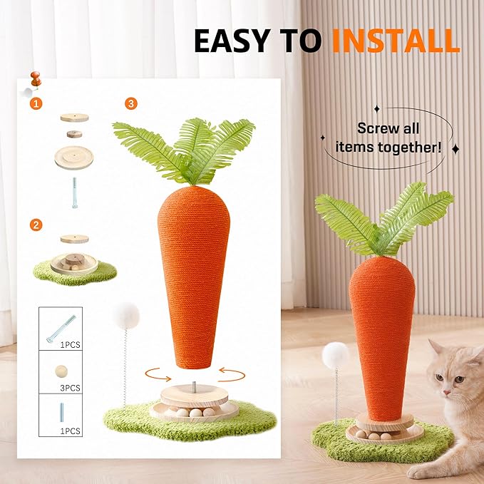 24'‘ H Cat Scratching Post Carrot with Catnip, Cute Cat Scratcher Post with Durable Natural Wooden Turntable Toy, Carrot Shape Design Cat Toy Cat Tree Sisal Scratcher for Indoor Cats (Cloud Base)
