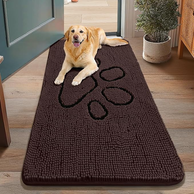 Smiry Dog Door Mat for Muddy Paws, Absorbent Dirt Trapper Non Slip Quick Dry Washable Chenille Mat for Mud Dogs, Entry Rug for Indoor and Outdoor (48x30 Inches, Brown and Black)