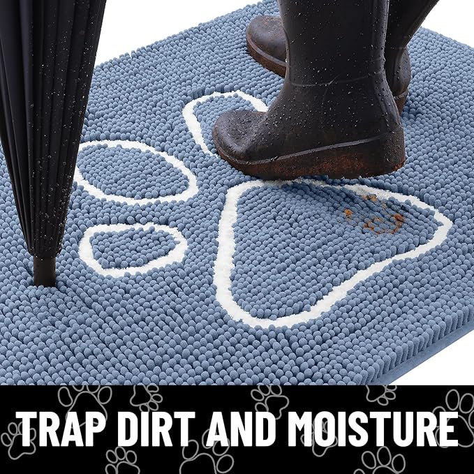 Smiry Dog Door Mat for Muddy Paws, Absorbent Dirt Trapper Non Slip Quick Dry Washable Chenille Mat for Mud Dogs, Entry Rug for Indoor and Outdoor (40x32 Inches, Airy Blue and White)