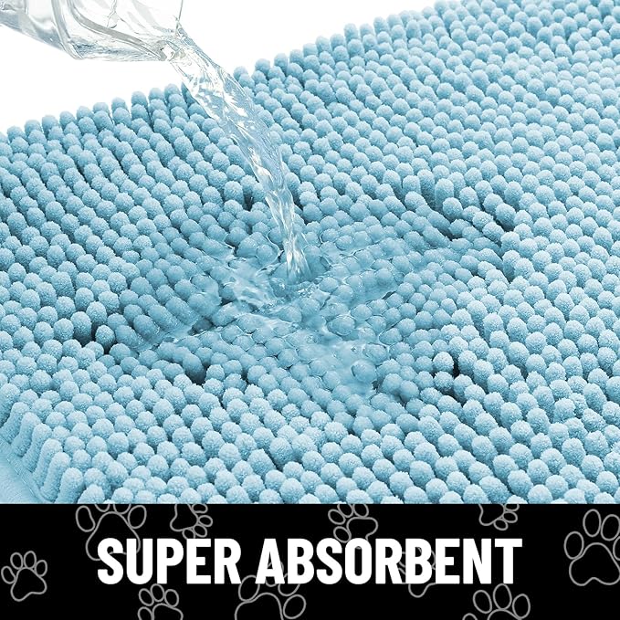 Smiry Dog Door Mat for Muddy Paws, Absorbent Dirt Trapper Non Slip Quick Dry Washable Chenille Mat for Mud Dogs, Entry Rug for Indoor and Outdoor (48x30 Inches, Sky Blue)