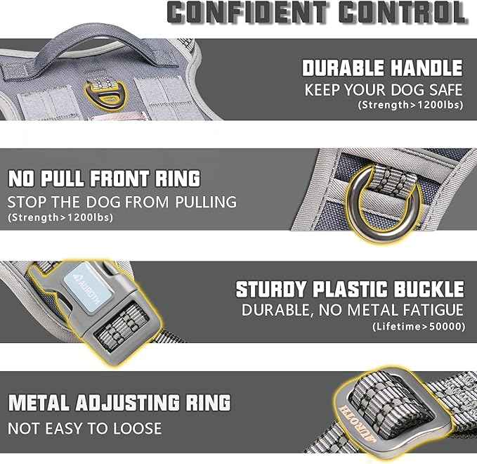 Auroth Tactical Dog Harness for Small Medium Dogs No Pull Adjustable Pet Harness Reflective K9 Working Training Easy Control Pet Vest Military Service Dog Harnesses Grey M