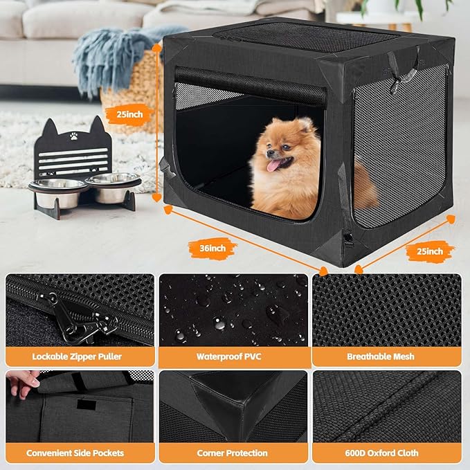 Dog Crate 36x25x25 Inch for Large or Medium Dogs, Portable and Foldable Design Perfect for Travel or Home Use, Dog Kennel with 3-Door