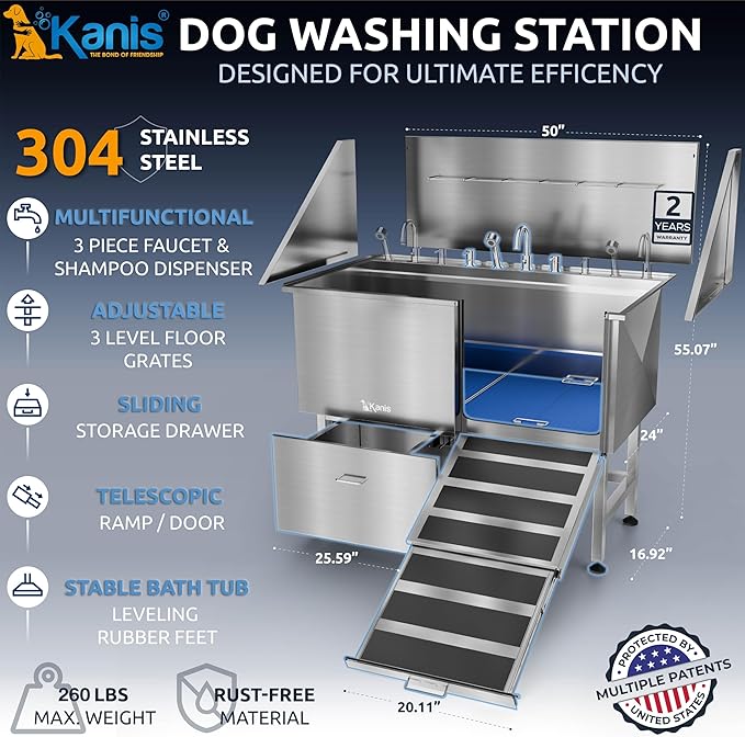 KANIS Professional Dog Washing Station - 304 Stainless Steel Pet Wash Sink & Grooming Bath Tub for Home with Ramp, Shower, Floor Grate, Storage Drawer, Faucet, Drain Kit for Large, Medium & Small Pets