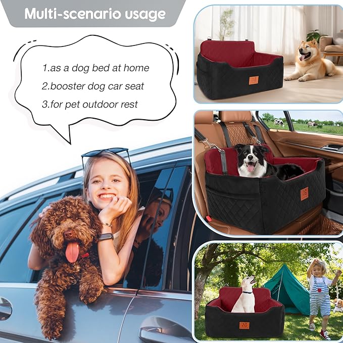 Dog Car Seat for Medium/Large Dogs, Dog Booster Seat for Pet Under 50lbs or 2 Small Dogs, Detachable and Washable Pet Car Bed, Multi-Functional Pet Booster Seat for Backseat(Black/Red)