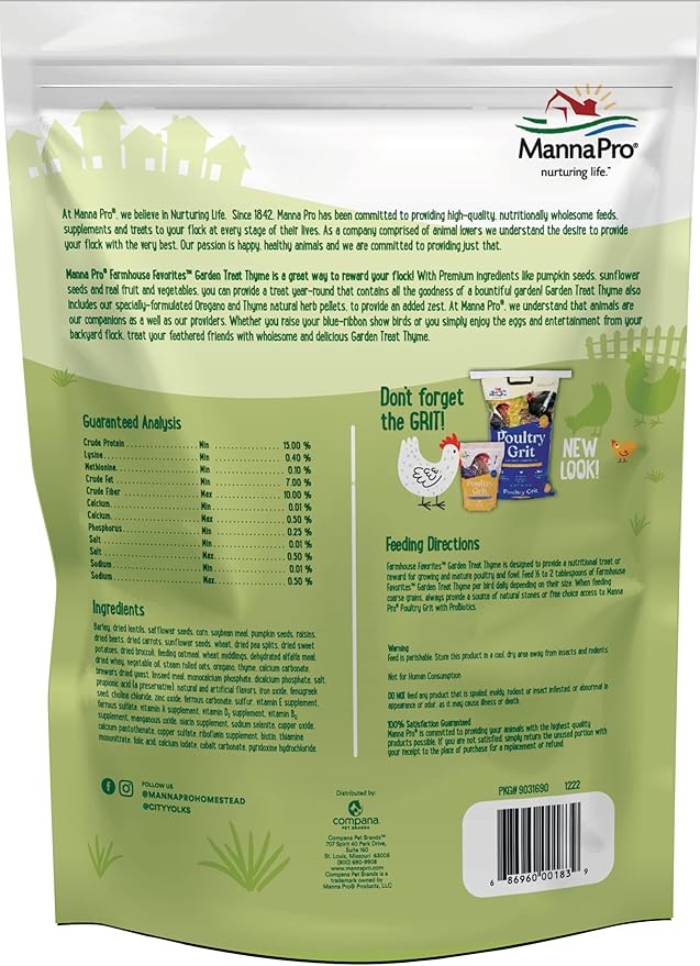 Manna Pro Farmhouse Favorites – Garden Treat Thyme – Premium Grains for Poultry – Made with Oregano & Thyme – Real Veggie Poultry Feed Supplement – 4lb Bag