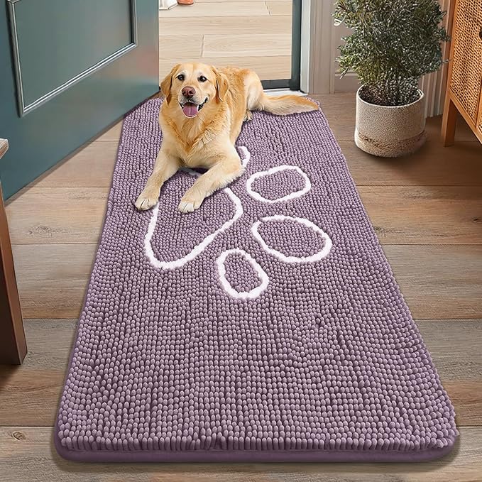 Smiry Dog Door Mat for Muddy Paws, Absorbent Dirt Trapper Non Slip Quick Dry Washable Chenille Mat for Mud Dogs, Entry Rug for Indoor and Outdoor (48x30 Inches, Deep Plum)