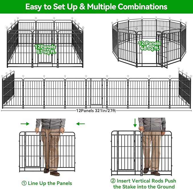 Dog Playpen Outdoor 12 Piece Panels Heavy Duty Dog Fence 40" Height with Thick Pipe Anti-Rust with Doors Portable for RV Camping Yard, Total 27FT, 57 Sq.ft, Snowy Black