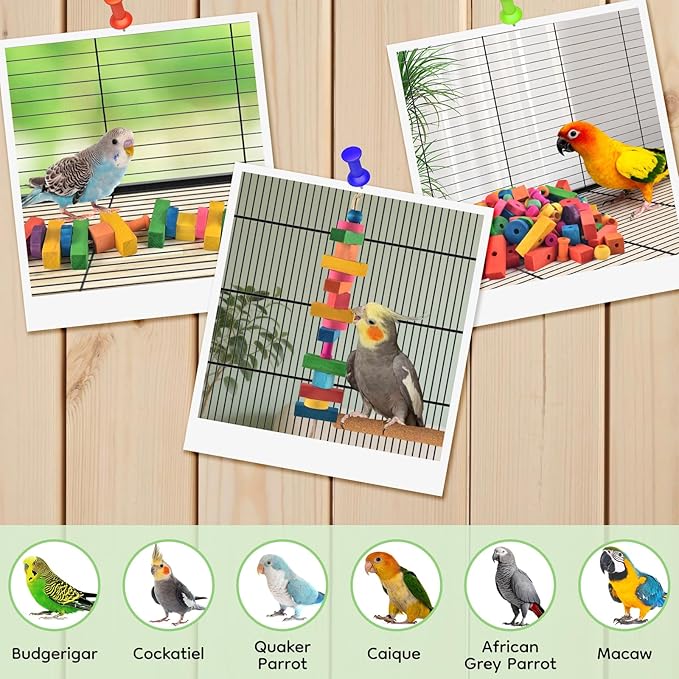 Bird Toys for Parrot, 165 Pcs Colorful Multi-Shaped DIY Wooden Blocks Craft, Birds Cage Chewing Playing Training Toy for Large Cockatoos, Macaws, African Grey and Small Medium Parrots