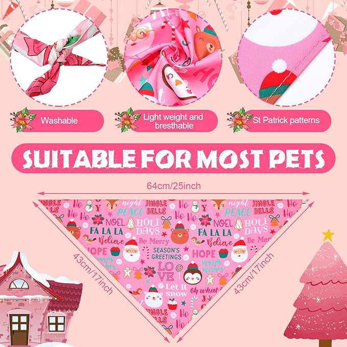 Newwiee 100 Pieces Pink Christmas Dog Bandanas Bulk for Dogs Soft and Breathable Adjustable Christmas Tree Santa Snowman Patterns Printing Dog Kerchief for Small to Large Puppy Cat