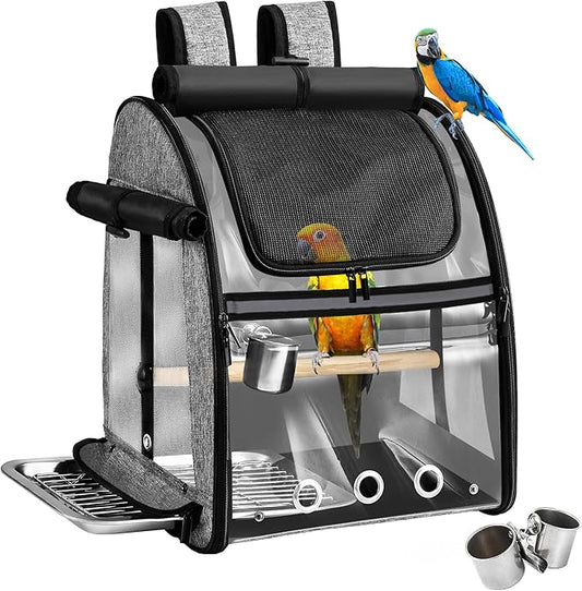 Sanmoncare Bird Carrier Backpack with Stainless Steel Mesh, Parrot Travel Cage with Stand, Easy to Clean, Portable Conures Travel Bag, Pet Breathable Travel Cage