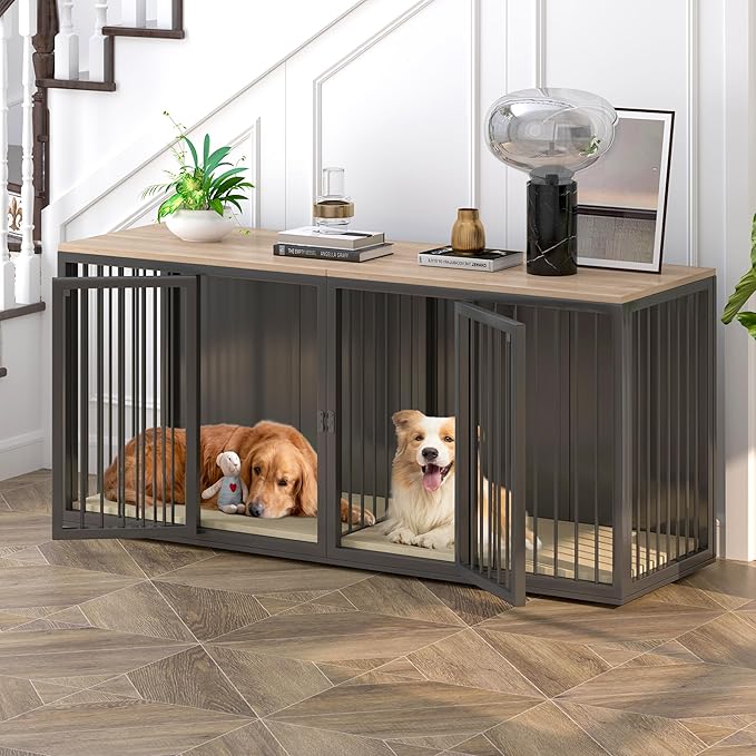 Large Dog Crate Furniture for 2 Dogs, 71.6'' Steel Frame Dog Crate with Double Doors, Heavy Sturdy Kennel for Small Medium Large Dogs, Indoor Double Dog Cage (Black)
