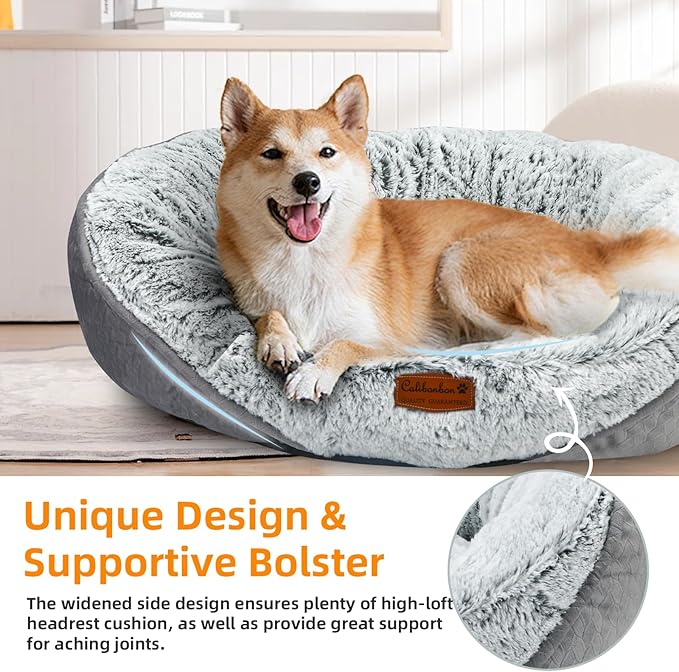 Dog Beds for Medium & Small Dogs - Round Cat Beds for Indoor Cats, Washable Pet Bed for Puppy and Kitten with Slip-Resistant Bottom (Light Grey, 25" L x 22" W x 8" Th)
