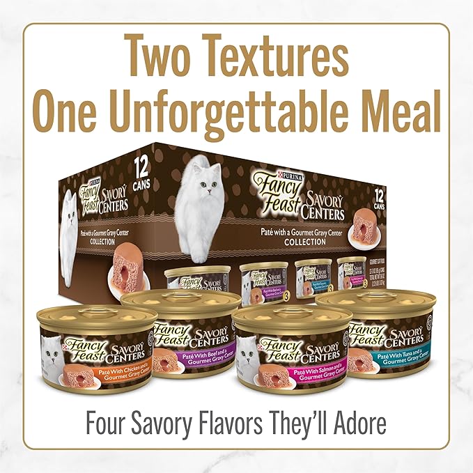 Purina Fancy Feast Savory Centers Wet Cat Food Pate Variety Pack With Chicken, Salmon, Beef, and Tuna Pate with Gravy Center - (2 Packs of 12) 3 oz. Pull-Top Cans