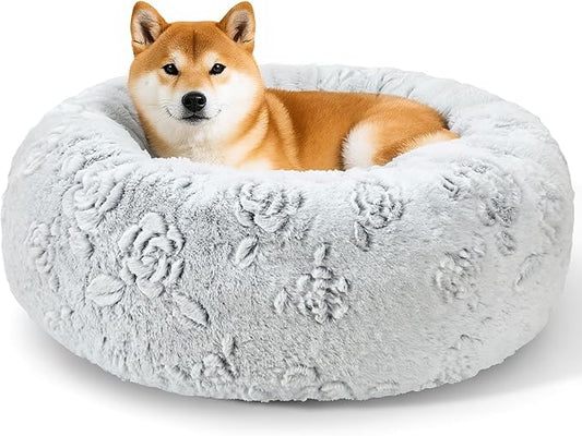 Dog Calming Beds for Small Medium Large Dogs - Round Donut Washable Puppy Dog Bed, Anti-Slip Faux Fur Fluffy Donut Cuddle Anxiety Cat Pet Bed (28" Rose)